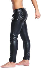 QiaTi Mens Skinny Pants Faux Leather Open Crotch Trousers Long Pant with Bulge Pouch for Men