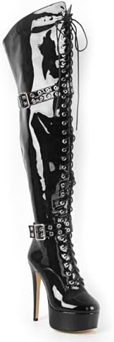 VERISSON Womens Platform High Heel Thigh High Boots Stiletto Heel Wide Calf Over the Knee Boots Round Toe Lace up Zipper with Buckle Patent Leather Dress Punk Shoes