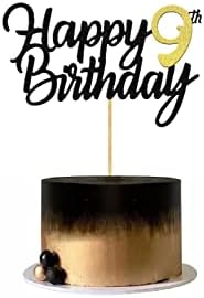 Happy 9th Birthday Cake Toppers Glitter 9th Anniversary Cake Topper 9 Years Loved Bday Decorations 9 Gold Birthday Cake Decorations Nine Party Supplies for Women Men(Black Gold)