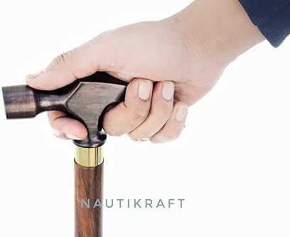 Antique Wooden Walking Cane Stick with Unique Brass Hammer Head Handle, Versatile Rugged Style Support