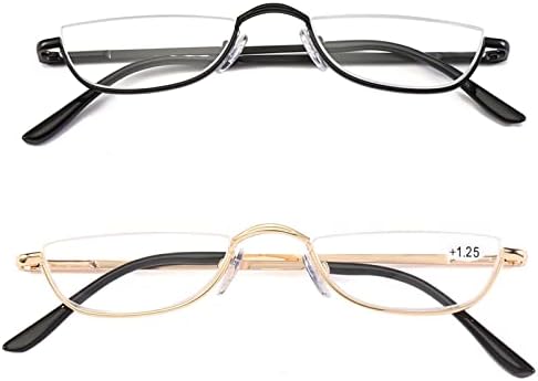 Half Reading Glasses - 2 Pairs Half Rim Metal Frame Glasses Spring Hinge Readers for Men and Women, Black+Gold 1.50