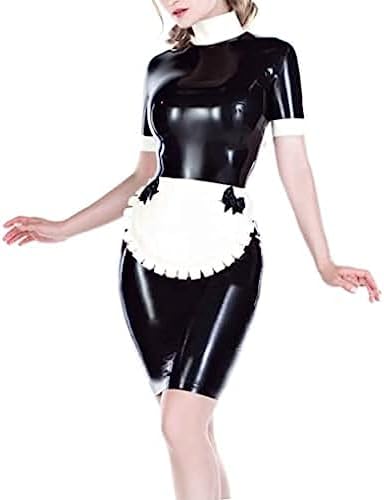 Sexy Latex French Maid Dress with Zippers Back White Apron Two Bows High Collar Rubber Uniform Bodycon Playsuit,Custom Color,X-Large