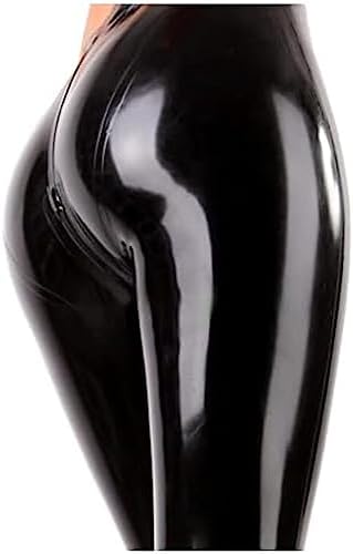 Black Sexy Latex Leggings with Crotch Zippers Long Rubber Pants Jeans Trousers Bottoms,Black,Medium