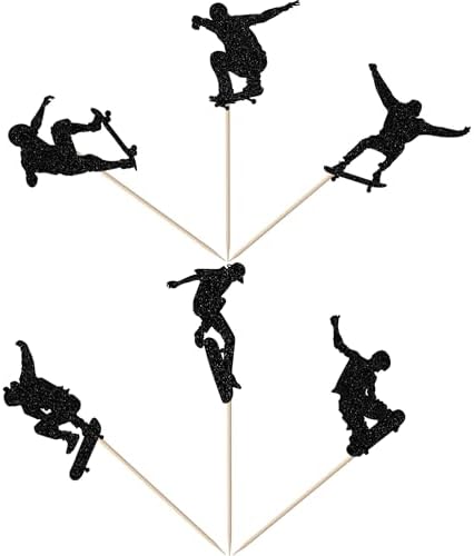 24 PCS Skateboard Cupcake Toppers Black Glitter Skateboarding Cupcake Picks Sport Skating Theme Bachelorette Birthday Party Cake Decorations Supplies