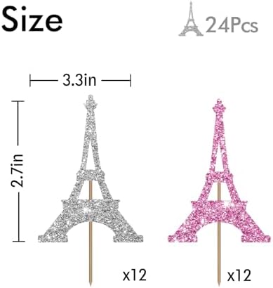 24PCS Eiffel Tower Cupcake Toppers, Wedding Party Decor, Bridal Shower Dessert Cupcake Toppers, Paris Themed Birthday Party Decoration - Pink & Sliver Glitter