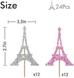 24PCS Eiffel Tower Cupcake Toppers, Wedding Party Decor, Bridal Shower Dessert Cupcake Toppers, Paris Themed Birthday Party Decoration - Pink & Sliver Glitter