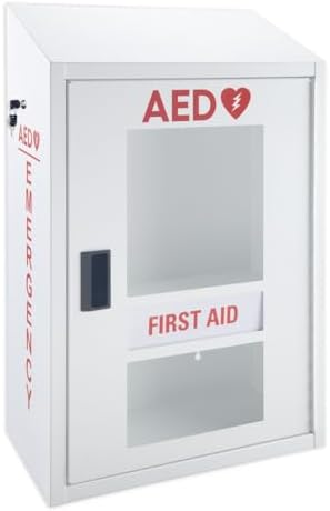 Automated External Defibrillator AED Cabinet with Alarm (9V Battery Not Included) & First Aid Kit Storage | Wall Mount Compatible, Steel | for Home, School, Business, Gym | AED Not Included