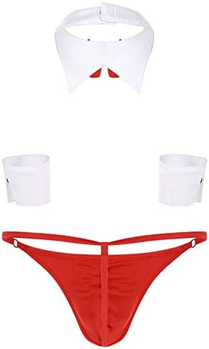 Lejafay 4Pcs Mens Waiter Lingerie Set Cosplay Tuxedo G-String Thong Underwear with Bow Tie Collar