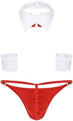 Lejafay 4Pcs Mens Waiter Lingerie Set Cosplay Tuxedo G-String Thong Underwear with Bow Tie Collar