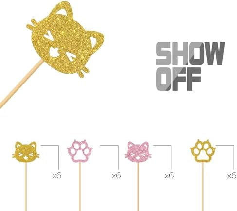 MonMon & Craft Cat Paw Print Cupcake Toppers/Kitten Birthday Cupcake Toppers/Baby Shower/Children Girl's Birthday Sign Pet Cat Party Cupcake Decor Glitter 24 Pcs