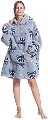 Deserthome Wearable Blanket Hoodie Oversized Hooded Blanket for Adult Women Super Soft Comfortable Warm Flannel Grey Raccoon