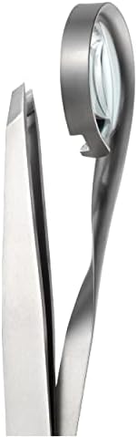 Rubis Classic Stainless Steel Slanted Tweezers with 8x Magnifying Glass for Precise Eyebrows and Hair Removal, 1K120,Rubis Switzerland Swiss Made World Renowned Precision