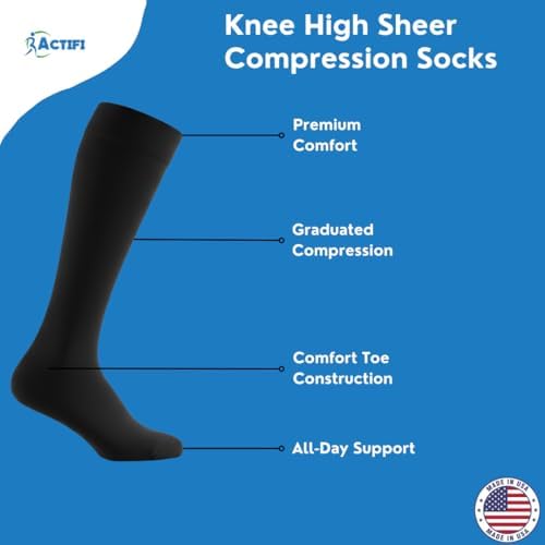 Actifi Women's Sheer 15-20 mmHg Compression Stockings, Knee High, Closed Toe, Moderate Support