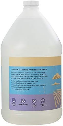 Ginger Lily Farms Botanicals Plant-Based Liquid Dish Soap, Concentrated Formula with Max Grease Cleaning Power, Cruelty-Free, Fragrance-Free, 1 Gallon Refill (128 Fl. Oz.), Clear