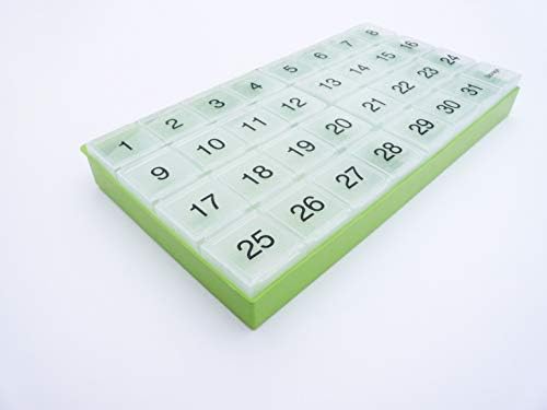 31 compartments, 1 per Day, 4 Week Monthly Pill Organizer by Promed. Includes Tray and 8 Removable compartments. (Green)