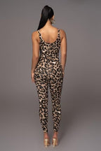 Women's ONE_PIECE_OUTFIT, U-Neck Sleeveless Leopard Print Jumpsuit, High Stretch Skinny One Piece Outfit for Women