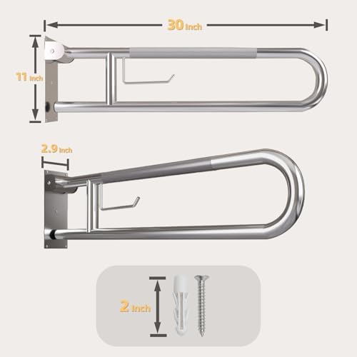Toilet Grab Bar, Fold Down Grab Bar with Paper Holder, Knurled Anti-Slip Grab Bars for Toilet, Stainless Steel Handrails Toilet for Seniors Disabled Elderly Pregnant, Brushed Nickel, 30 Inch