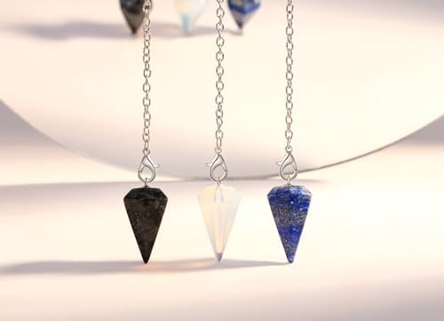 DUQGUHO 3 Pcs Crystal Pendulum Set Wiccan Accessories Divination Tools Natural Opal Labradorite Lapis Lazuli Healing Crystal Quartz for Reiki Pointed Crystal Grid Meditation Gemstone Pendants