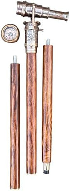 Marine Telescope Walking Stick,Victorian Vintage Brass Compass On Top Spyglass Handle, Antique Style Wooden Cane,Steampunk Fancy Cane,Foldable Walking Stick 36" Inches for Men and Women