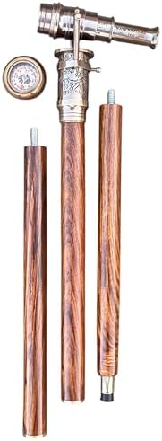 Marine Telescope Walking Stick,Victorian Vintage Brass Compass On Top Spyglass Handle, Antique Style Wooden Cane,Steampunk Fancy Cane,Foldable Walking Stick 36" Inches for Men and Women
