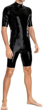 IOKUKI Latex Rubber Catsuit for Men Handmade,Latex Short Sleeved Bodysuit with Crotch and Back Zipper