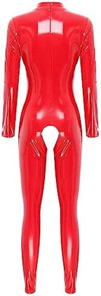 easyforever Women Sexy Hollow Out Bodysuit Lingerie Clubwear Patent Leather Invisible Zipper Latex Catsuit