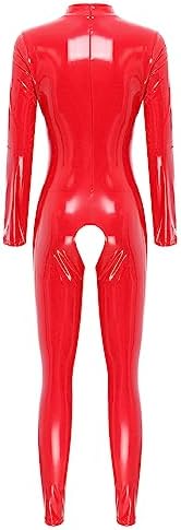 easyforever Women Sexy Hollow Out Bodysuit Lingerie Clubwear Patent Leather Invisible Zipper Latex Catsuit