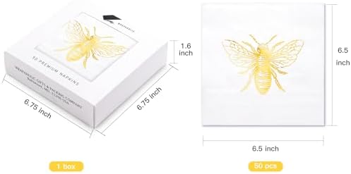 WRAPAHOLIC 50Pcs Bee Wedding Napkins - 3-Ply Gold Foil Bee Disposable Paper Luncheon Napkin for Engagement Wedding Party Supplies Tableware - 6.5 x 6.5 In