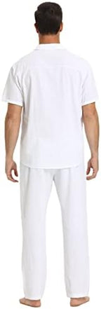 RPOVIG Linen Shirt Pants Outfits:Men's Linen Sets 2 Piece Short Sleeve Shirts Yoga Pants Beach Wedding Suits