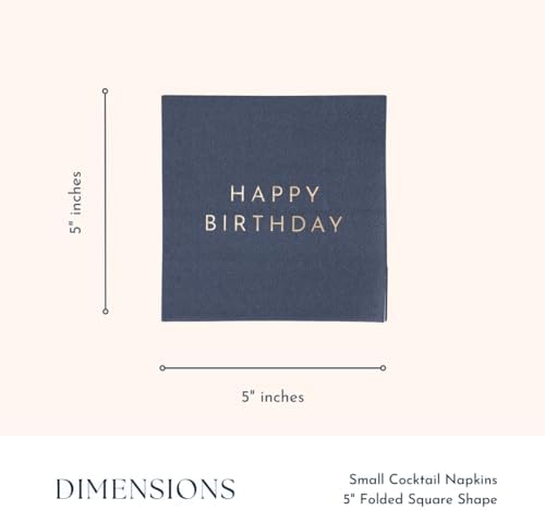 Bonjour Fête Navy Blue Happy Birthday Small Party Paper Napkins | 3-Ply Napkins | Party Supplies Decorations | Premium Cocktail Napkins | Gold Foil | Party Table Decor | Pack of 20, 5" Folded