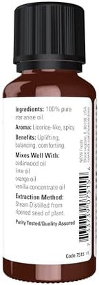 NOW Essential Oils, Anise Oil, Balancing Aromatherapy Scent, Steam Distilled, 100% Pure, Vegan, Child Resistant Cap, 1-Ounce