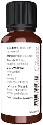 NOW Essential Oils, Anise Oil, Balancing Aromatherapy Scent, Steam Distilled, 100% Pure, Vegan, Child Resistant Cap, 1-Ounce