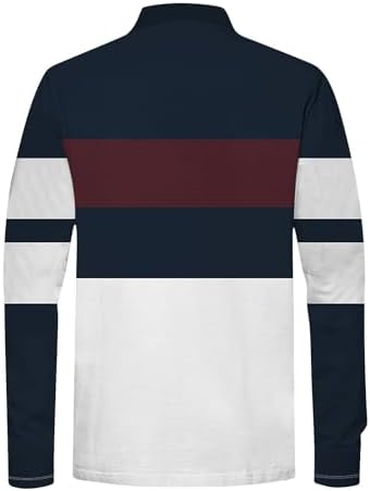 Mens Fashion Long Sleeve Polo Shirts Plus Size Color Block Cotton Pullover Top Casual 3 Button Collared Golf Tshirt