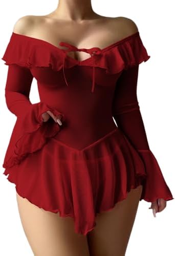 Sexy Lingerie for Women Rave Outfits Clubwear See Through Lingerie Sets Bell Sleeve Ruffle Mesh Tops