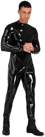 YiZYiF Men's Wet Look PVC Leather Long Sleeves Catsuit Bodysuits Zipper Full Body Leotard Jumpsuit