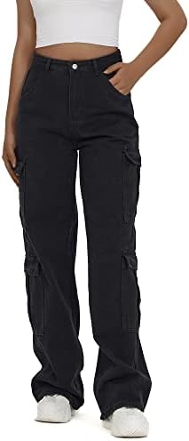 Women's High Waist Baggy Cargo Jeans Flap Pocket Y2K Streetwear Wide Leg Denim Pants