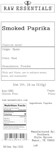 Raw Essentials Smoked Paprika - Rich and Warm - Use to Enhance Meats, Stews and Marinades - Large 18 Ounce Bottle - Non GMO, Gluten Free, Vegan and Paleo