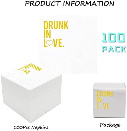Drunk In Love Cocktail Napkins, 100 Pack Gold Drunk In Love Party Supplies Disposable Paper Luncheon Napkins in Bulk for Bridal Shower Engagement Wedding Bachelorette | 2-Ply, 5x5 Inches