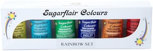 Sugarflair Rainbow Set of Food Coloring Concentrate Paste, 25 Grams Each of 6 Colors: Baby Blue, Christmas Red, Ghoulish Green, Melon, Orange & Violet (Total 150 Grams)