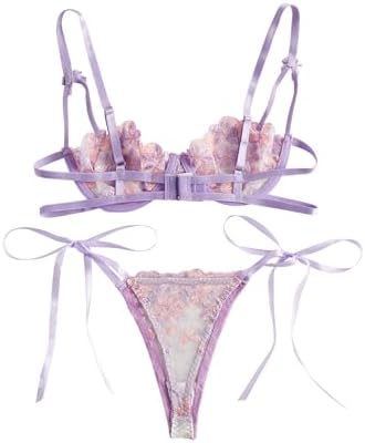 Lilosy Sexy Tie Side Cute Underwire Push Up Strappy Embroidered Mesh Sheer Lingerie Set