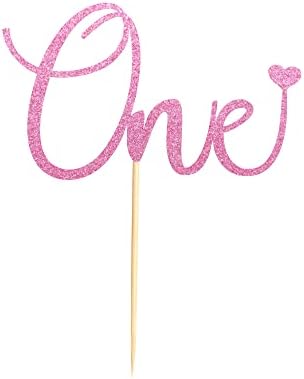 One Cake Topper with Heart Baby First Birthday Cake Decorations for Baby Shower Boys Girls Kids 1st Birthday Party Decorations Supplies - Pink Glitter