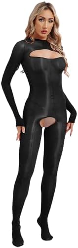 Lejafay Women's One Piece Sheer Oil Shiny Glossy Bodystocking Lingerie Bodysuit Skinny Catsuits