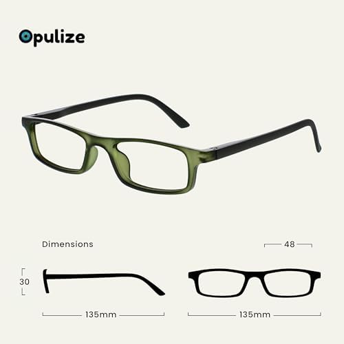 OPULIZE TED Reading Glasses for Women Men, Lightweight Narrow Rectangular Matt Frame with Spring Hinges, Transparent Khaki Green +2.00 (Pack of 2)