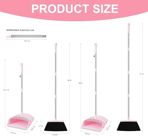 BSKLIN Broom and Dustpan Set House Brooms for Sweeping Indoor Collapsible Broom and Dust Pan Combo for Home Office Kitchen Lobby Floor Pet Hair (Pink)