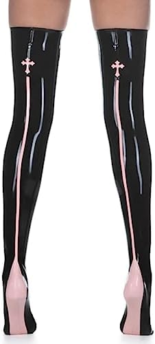 Sexy Long Latex Stockings with Cross and Stripes at Back Heel Rubber Thigh High Stockings,Black+Pink,Medium
