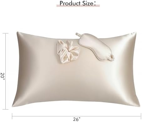 Vegan Silk Sleep Set, Vegan Silk Pillowcase with Large Scrunchie and Eye Mask for Hair and Skin, Self Care Essential Satin Night Routine Kit (Champagne Color)