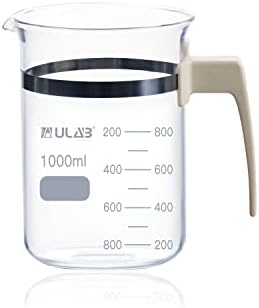 ULAB Glass Beaker with Handle, Vol. 1000ml, 3.3 Borosilicate Griffin Low Form with Printed Graduation, Double Scale, UBG1051
