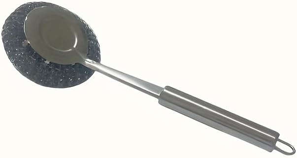 2 Pcs Stainless Steel Scrubber with Long Handle, Metal Steel Wool Pot Brush for Kitchen Sink, Heavy Duty Dish Wand Scrubber for Cast Iron Skillet Pan
