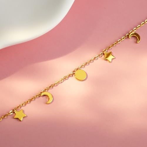 18k Gold-plated Bracelets for Women Stainless Steel Chain with Moon Star Charm Jewelry