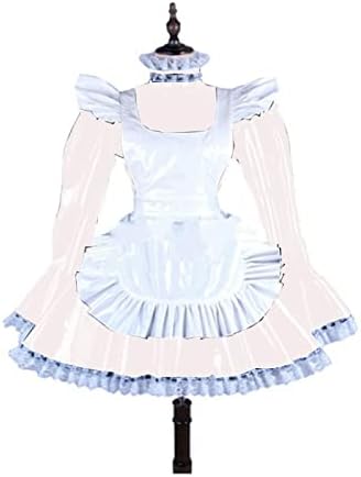 Plus Size Lace Trim Mini Dress Women Long Sleeve Dress with White Apron Valentine Costume,White,M